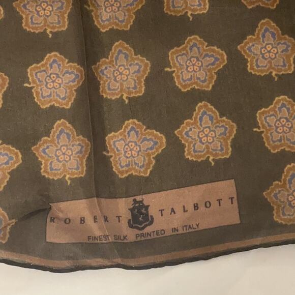 ROBERT TALBOTT Fine Silk Scarf Printed in Italy  - Brown / Blu - Semi Sheer - Picture 7 of 11